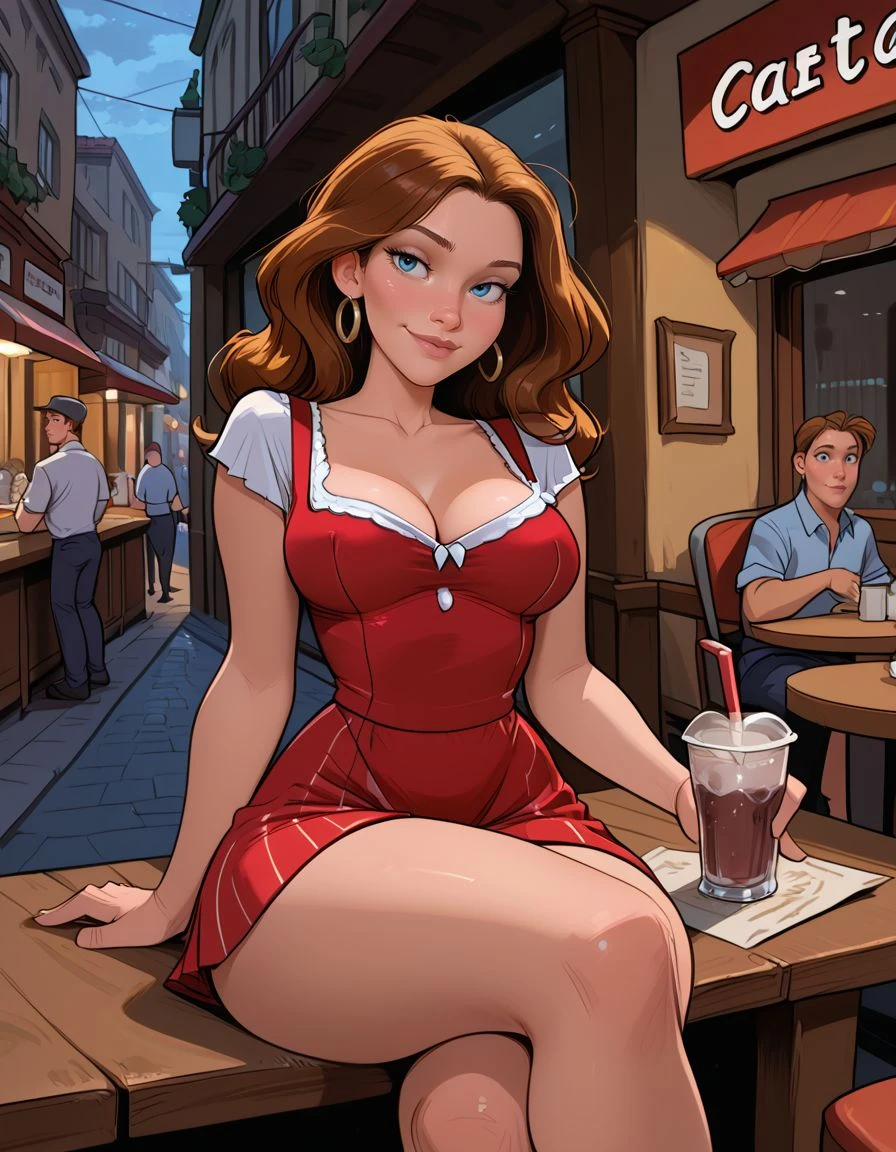 score_9, score_8_up, score_7_up, score_6_up, score_5_up, score_4_up, detailed, best quality, detailed skin, detailed background, BREAK sexy waitress flirting with viewer, sitting on the table, her legs crossed, street cafe, evening street, cafe, late night, strangers on the background, people sitting in cafe, cosy