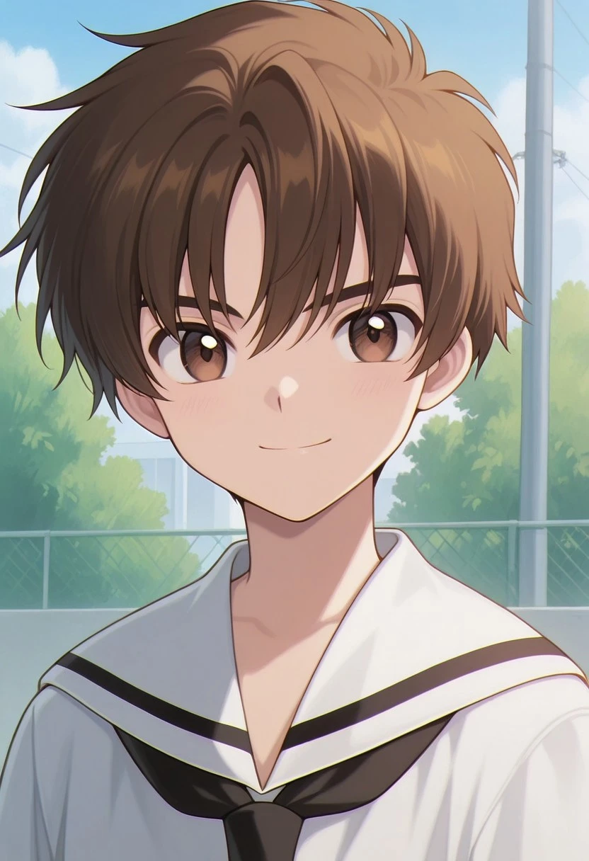 masterpiece,best quality,amazing quality, source_anime,
RiShaoran, 1boy, male focus, solo, brown eyes, brown hair, school uniform, shirt, white shirt, sailor collar, looking at viewer, portrait, smile,
outdoor,