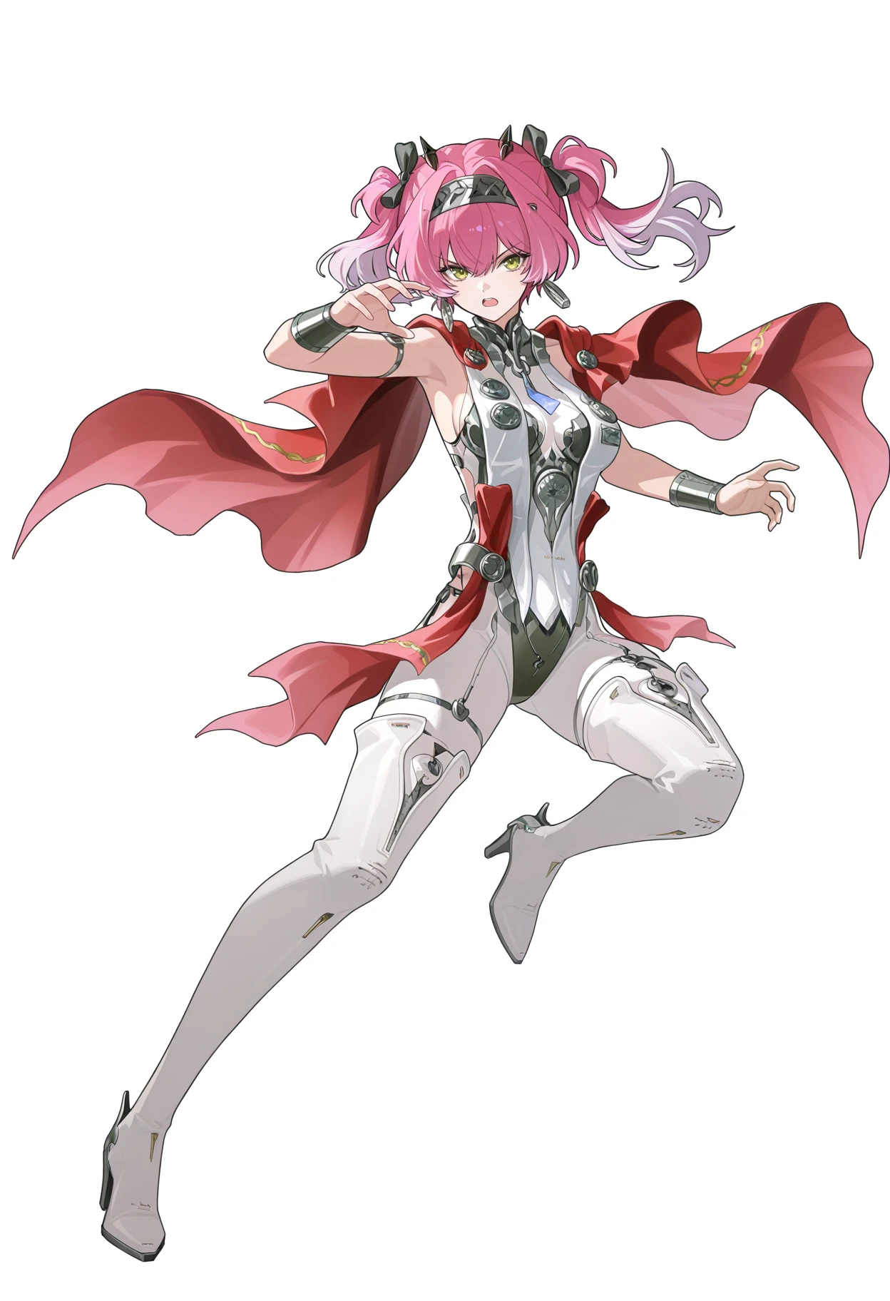 <lora:Lupa v1.0-illustrious-000032:1>,Lupa \(wuthering waves\),solo,breasts,looking at viewer,twintails,open mouth,hairband,boots,thigh boots,high heels,jewelry,leotard,red cape,medium breasts,thighhighs,earrings,white_background,standing,full body,expressionless,frown,fighting stance,standing on one leg,one leg up