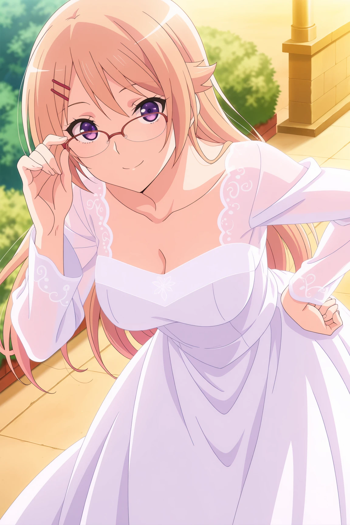 best quality, official art, anime screenshot, anime coloring, wedding dress, full dress, long sleeves, , outdoor, leaning forward, hand n hip, glasses, adjusting eyewear, smile, looking over eyewear, looking at viewer, 1girl, solo, medium breasts, long hair, bangs, blonde hair, purple eyes, hairclip, kujou_shion, <lora:RGV_Shion_SNDK:0.9>