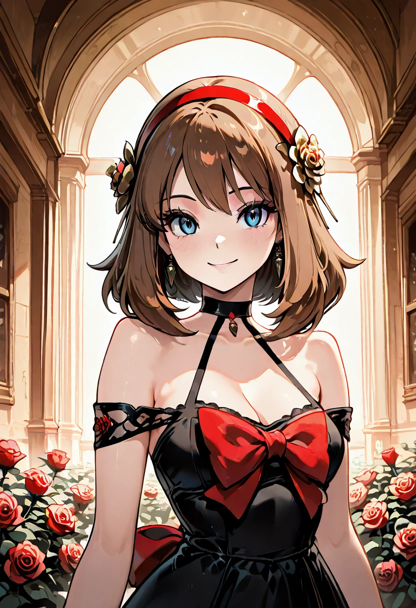 masterpiece, best quality, 1girl, solo, eyelashes, (beautiful eyes), smile, looking at viewer,    [Pastel Goth Dreamscape], zzMayYorCitron, blue eyes, brown hair, medium hair, red hairband, hair flower, hair ornament, rose, gold hairband, black dress, bare shoulders, choker, assassin, pastel tones, misty atmosphere, ethereal, otherworldly, delicate lace, oversized bow, soft light, haunting beauty, zzMayYorCitron floats through a foggy, pastel colored field, her black dress flowing like liquid darkness among the soft lilac and baby blue haze. The delicate rose in her hair seems to glow faintly, as does the gold of her hairband. A soft choker encircles her neck, just barely visible against her bare shoulders. She moves like a phantom, ethereal and haunting, a beautiful assassin in a dream.   <lora:MayYorPokemonCitron_IXL:1.0>,
