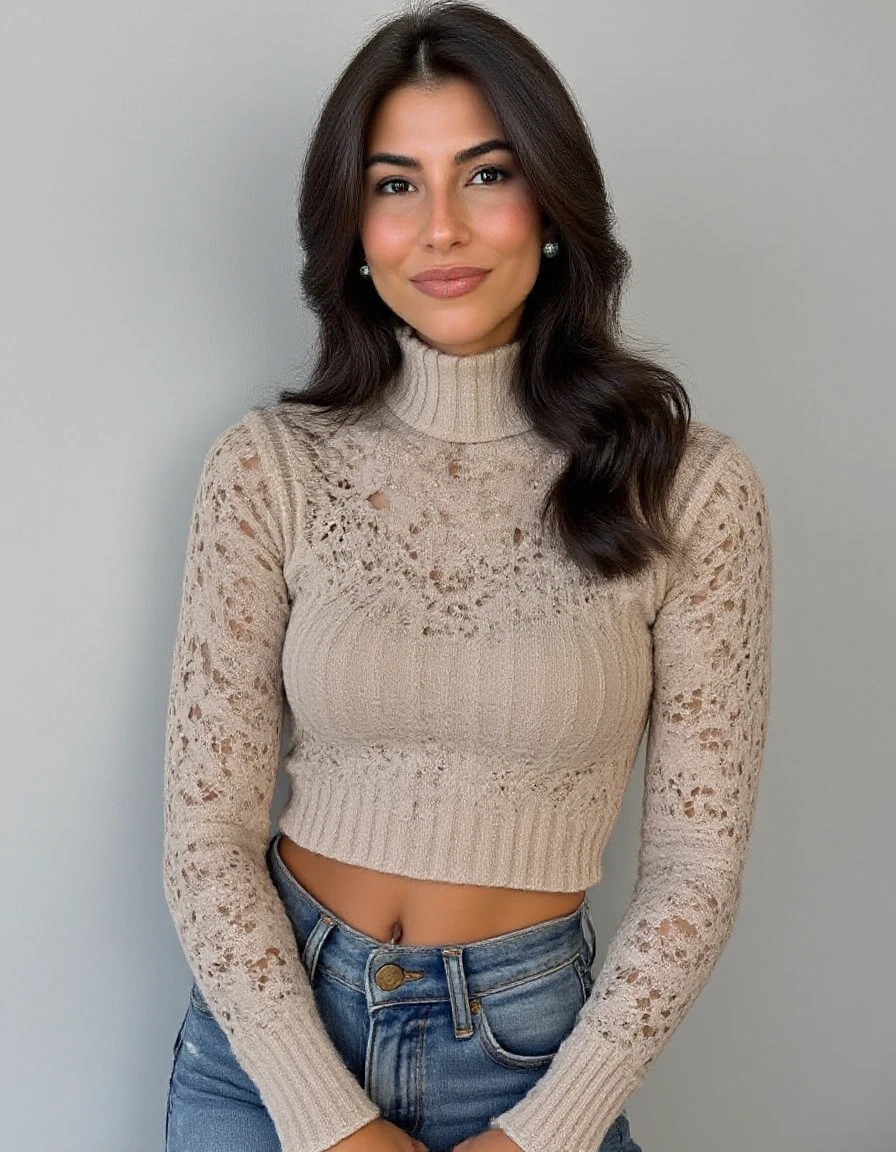 ((Portrait)), ((Wearing jeans and a turtle neck shirt)), ((Professional Photo Shoot)), ((in a photographer's studio)), model shoot style, extremely intricate, High Detail, Sharp focus, dramatic, soft cinematic light, (looking at viewer), (Real Eyes), (Detailed Eye Corneas) (detailed pupils), (smiling), 24mm, photo lab, elegant, insane details, hyperdetailed, low contrast, epiCRealism, (((SFW)))    <lora:Aimee_Carrero:0.85>