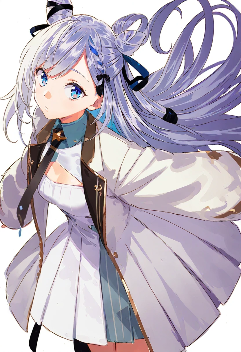 1girl, virtual youtuber, solo, long hair, hair bun, cone hair bun, white dress, white background, multicolored hair, dress, looking at viewer, jacket, blue eyes, white jacket, braid, simple background, ribbon, necktie, hair ribbon, black necktie, grey hair, bangs, pleated dress, double bun, very long hair <lora:pakoXL_il1_lokr_V6311P:0.95>