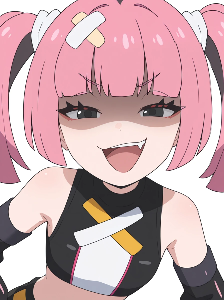 masterpiece, best quality, amazing quality, very aesthetic, absurdres, newest, simple background,  white background,  
<lora:SangoMegaVoltage:0.7>sangomegavoltage, 1girl, bandaid on head, pink hair, solo, twintails, bangs, black eyes, fang,  detached sleeves, crop top, bare shoulders , upper body,  smug open mouth,  upper teeth only, evil grin,  partially shaded face,