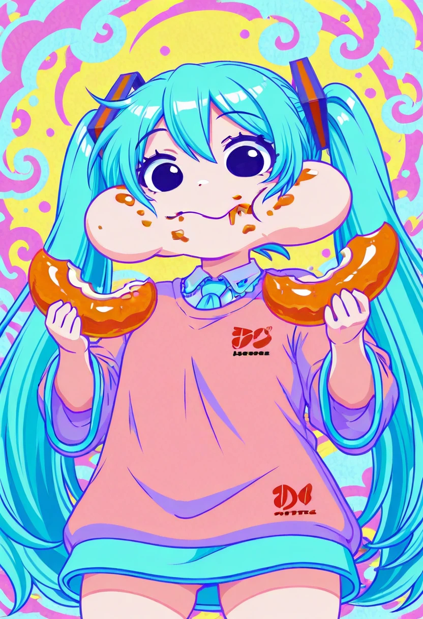masterpiece, best quality, amazing quality,1girl, solo, cowboy shot, high-low angle, hatsune miku, <lora:Artist_Kanchiyo_Pastel_Bloom_Illustrious:0.6> KCYPastelBloom, psychedelic background, vibrant colors, pastel tones, bold lineart, flat shading, colorful swirl background, vaporwave influence, pop art aesthetic, dynamic pose, <lora:watermelon_reimu:0.8> chibi style, exaggerated eyes, exaggerated expression, puffed cheeks, full cheeks, eating, stuffed mouth, food stains, food on face, drooling, cute, comedic expression, silly face, cartoonish, round eyes, closed mouth, chewing, munching, holding, holding food, eating, food in hands, meme face, funny face, meme