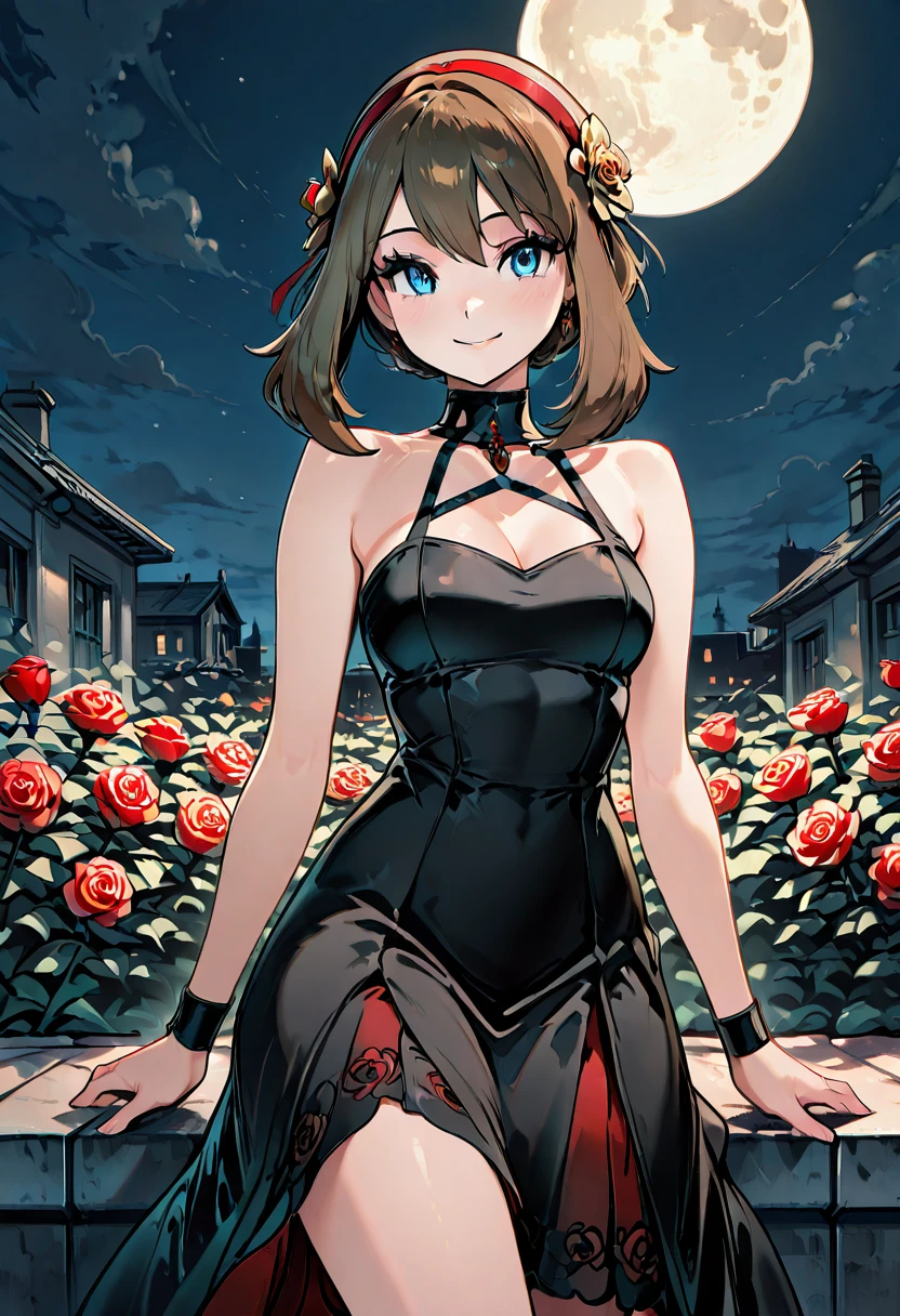 masterpiece, best quality, 1girl, solo, eyelashes, (beautiful eyes), smile, looking at viewer, zzMayYorCitron, perched on rooftop ledge, full moon, wind tousling medium brown hair, red hairband, hair flower glowing faintly, sleek black dress, dagger in hand. Her blue eyes gleam under moonlightâan assassin watching from above, rose-scented danger cloaked in silence. <lora:MayYorPokemonCitron_IXL:1.0>,