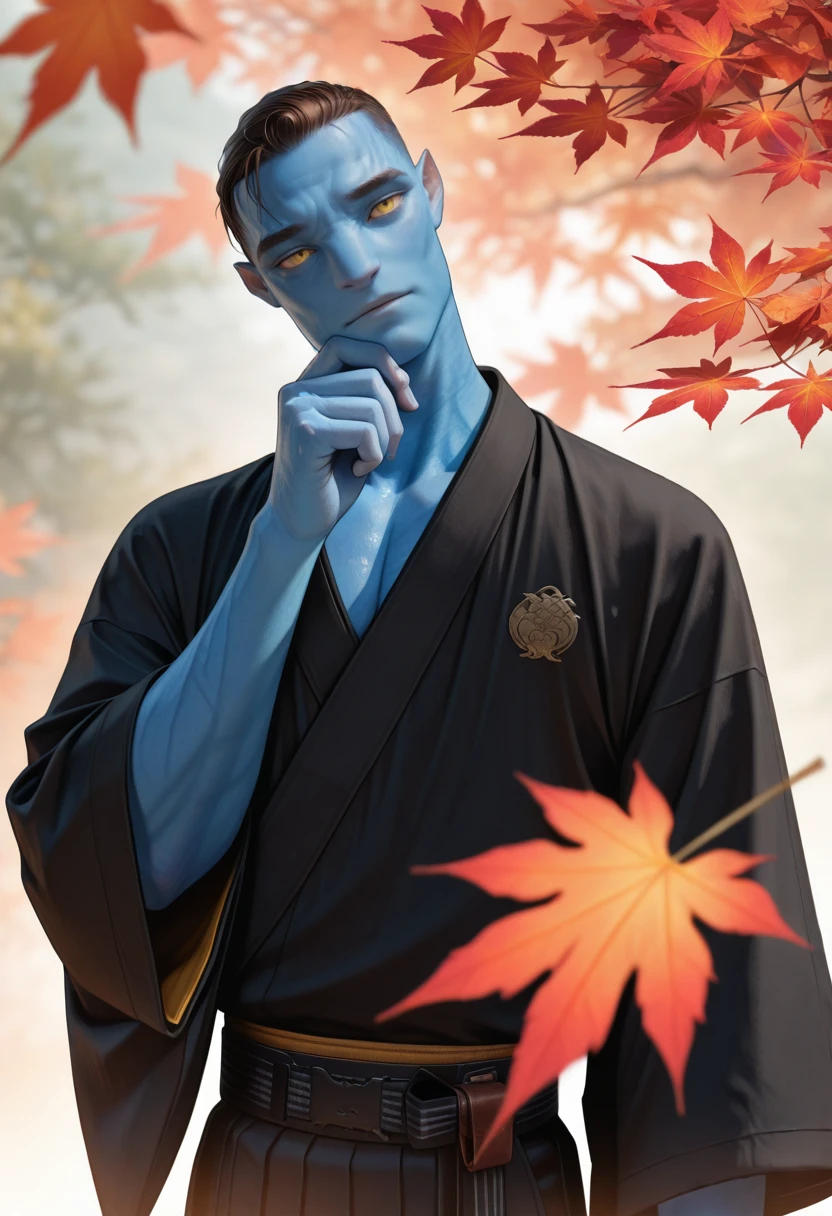 masterpiece, very aesthetic, best quality, absurdres, newest, solo,
<lora:ILAvMilesQ:1>
AvMilesQ, 1boy, male focus, brown hair, blue skin, yellow eyes, male focus, japanese clothes, maple leaf, black kimono, upper body, autumn leaves, hand up, hand on own chin, head tilt, bishounen, wide sleeves