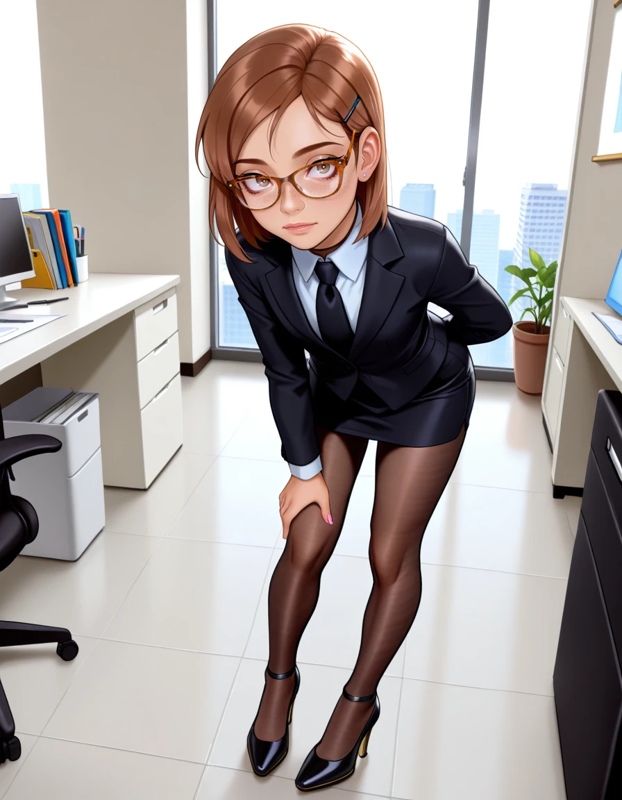 masterpiece, best quality, very aesthetic, absurdres,
indoors, office,
full body, long eyelashes,
<lora:Megan_v01_NAIXL-000012:1>,
M364n,1girl,brown hair,short hair,hairclip,glasses,brown eyes,freckles,office lady,necktie,suit,pencil skirt,brown pantyhose,high heels,