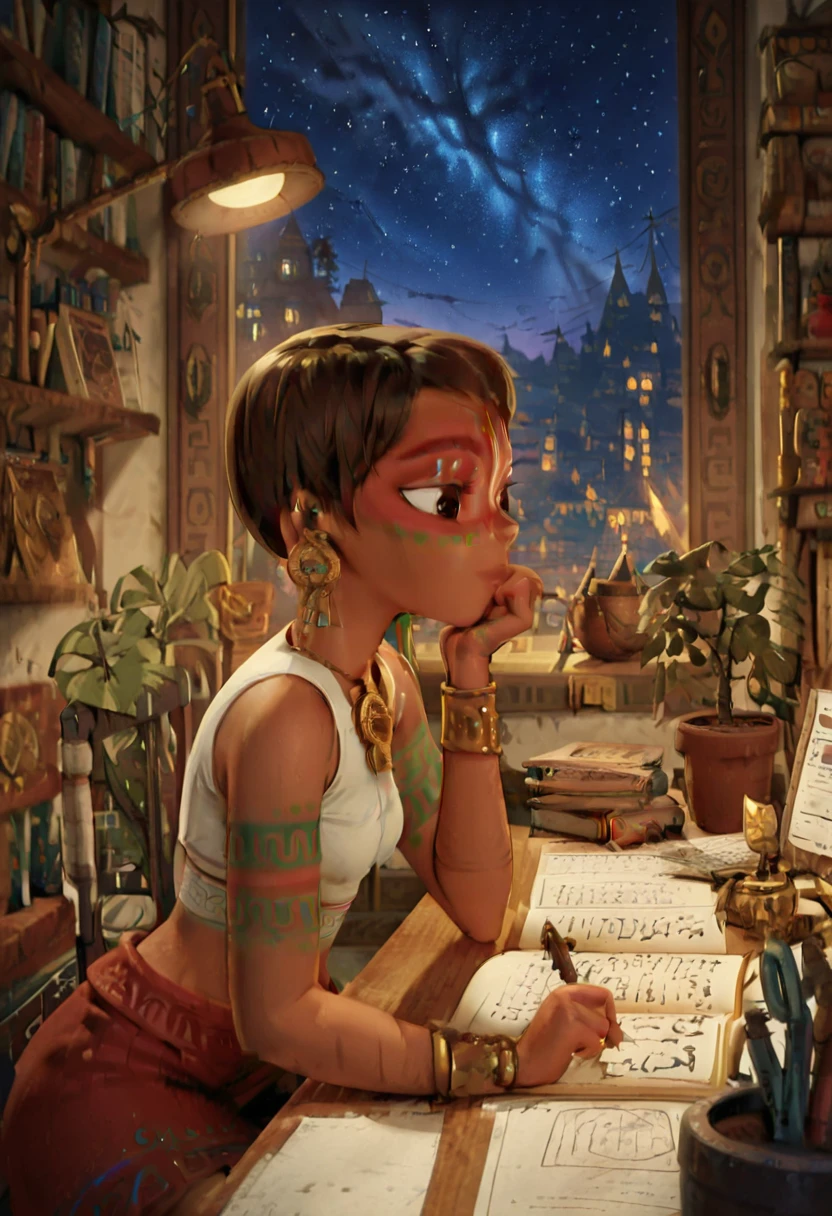 masterpiece, best quality, solo, curvy, beautiful eyes, zzMaya, brown hair, brown eyes, facepaint, bodypaint, jewelry, earrings, skirt, crop top, necklace, bracelet, <lora:MayaAndTheThreeIXL:1.0>,, zzLofi, sitting, side view, desk, chair, book, bookshelf, head rest, holding, holding pen, lamp, night, open book, pen, plant, potted plant, sky, star (sky), starry sky, window, windowsill, writing, <lora:LofiGirl_Style_IXL:1.0>,