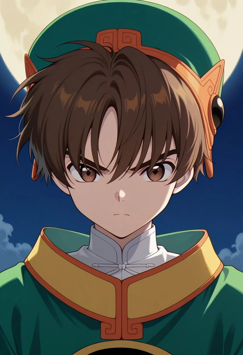 masterpiece,best quality,amazing quality, source_anime,
RiShaoran, 1boy, male focus, solo, brown hair, brown eyes, chinese clothes, hat, green headwear, shirt, white shirt, robe, green robe, full moon, serious, portrait