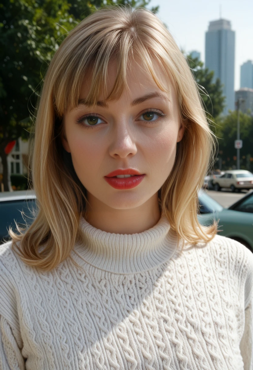 (realistic,photorealistic:1.37),woman,turtleneck sweater wearing,pantyhose wearing,sexy pose,smiling face,detailed eyes,detailed lips,fashionable look,long hair flowing in the wind,medium breasts, minimum waist,contemporary background,studio lighting,vivid colors, selfie pose