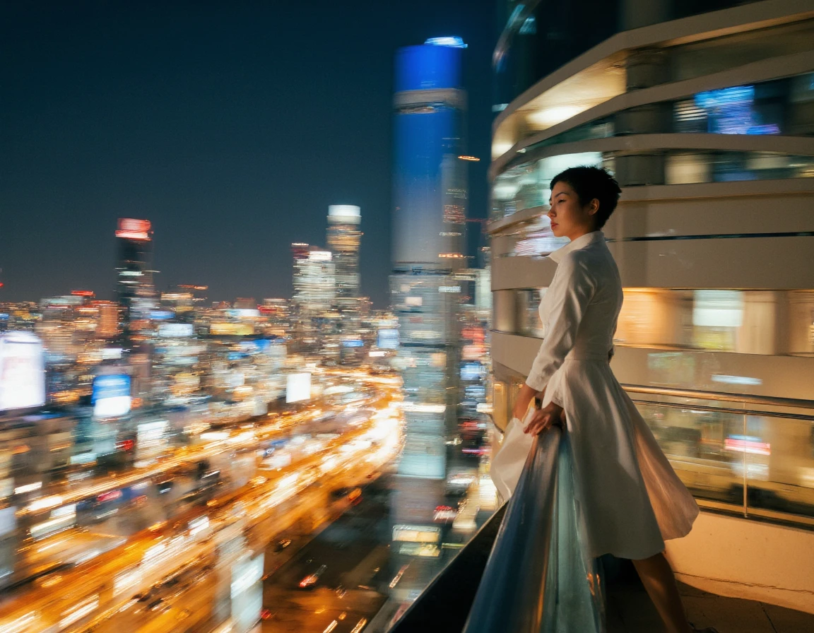 <lora:{blur, }Blur-000018:0.85> blur, A mesmerizing, 8K-resolution, long-exposure artistic photograph capturing the vibrant essence of a bustling cityscape at dusk, with a young Asian woman, having porcelain-like skin, short spiky black hair, and expressive brown eyes, standing at the edge of a sleek, modern skyscraper's rooftop, overlooking the dazzling urban jungle below. She wears a fitted, high-collared, long-sleeved white dress that flows gently in the evening breeze, and her slender figure is silhouetted against the kaleidoscope of colors emanating from the city lights, her facial expression a mix of serene contemplation and subtle curiosity. The long exposure has transformed the moving cars and pedestrians into streaks of light, creating a dynamic, abstract pattern that contrasts with the static, futuristic architecture, while the sky above is a deep shade of blue, gradually transitioning into a warm, golden hue, with the stars beginning to twinkle like diamonds scattered across the fabric of the universe. The lighting is a harmonious blend of warm and cool tones, with the golden hour casting a magical glow on the scene, and the city lights providing a mesmerizing display of colors and textures, casting a cinematic mood over the entire image. The rooftop's smooth, metallic surface reflects the light, adding to the overall sense of depth and dimensionality, and in the distance, the outlines of other skyscrapers and buildings are visible, their peaks hiding in the misty veil of the evening atmosphere. The shot is a wide-angle, cinematic shot, capturing the vastness of the cityscape, with a shallow depth of field, focusing sharply on the woman, while the background is softly blurred, creating a sense of depth and dimensionality, and the overall texture is hyper-detailed, with a slight film grain, adding a touch of realism and authenticity to the image, and a hint of lens flare, subtly enhancing the colors and contrasts of the scene. The image features a symmetrical composition, with the woman positioned at the center, and the cityscape unfolding around her, creating a sense of balance and harmony, and the long exposure has added a sense of dynamism and energy to the image, capturing the essence of the city's pulsing rhythm, and the artistic style is a blend of photorealistic and painterly elements, with bold brushstrokes and vivid colors, creating a unique and captivating visual experience. . 35mm photograph, film, bokeh, professional, 4k, highly detailed