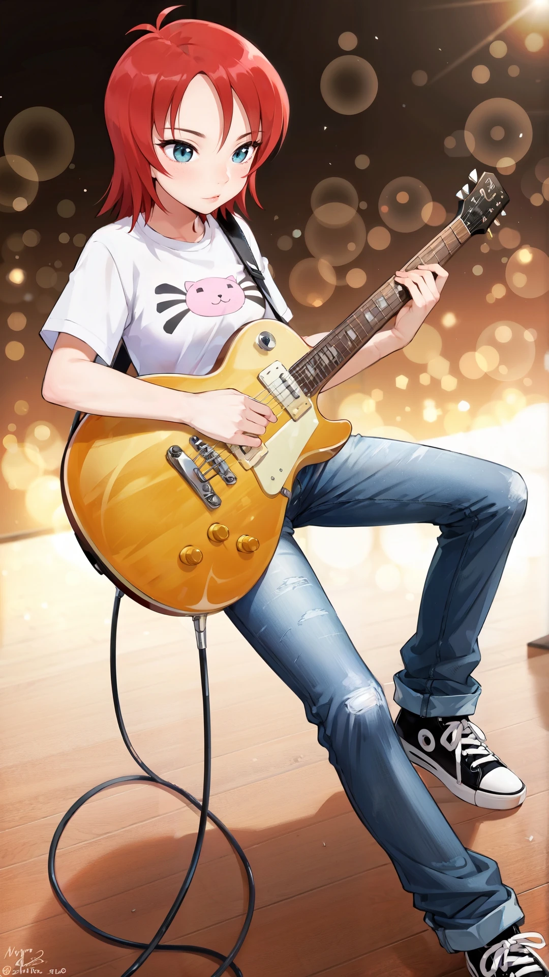 juliet_nao_zhang, an anime girl,  1girl, solo, short hair, green eyes, red hair, denim, t-shirt, sneakers, instrument, jeans, guitar, electric guitar, gibson les paul