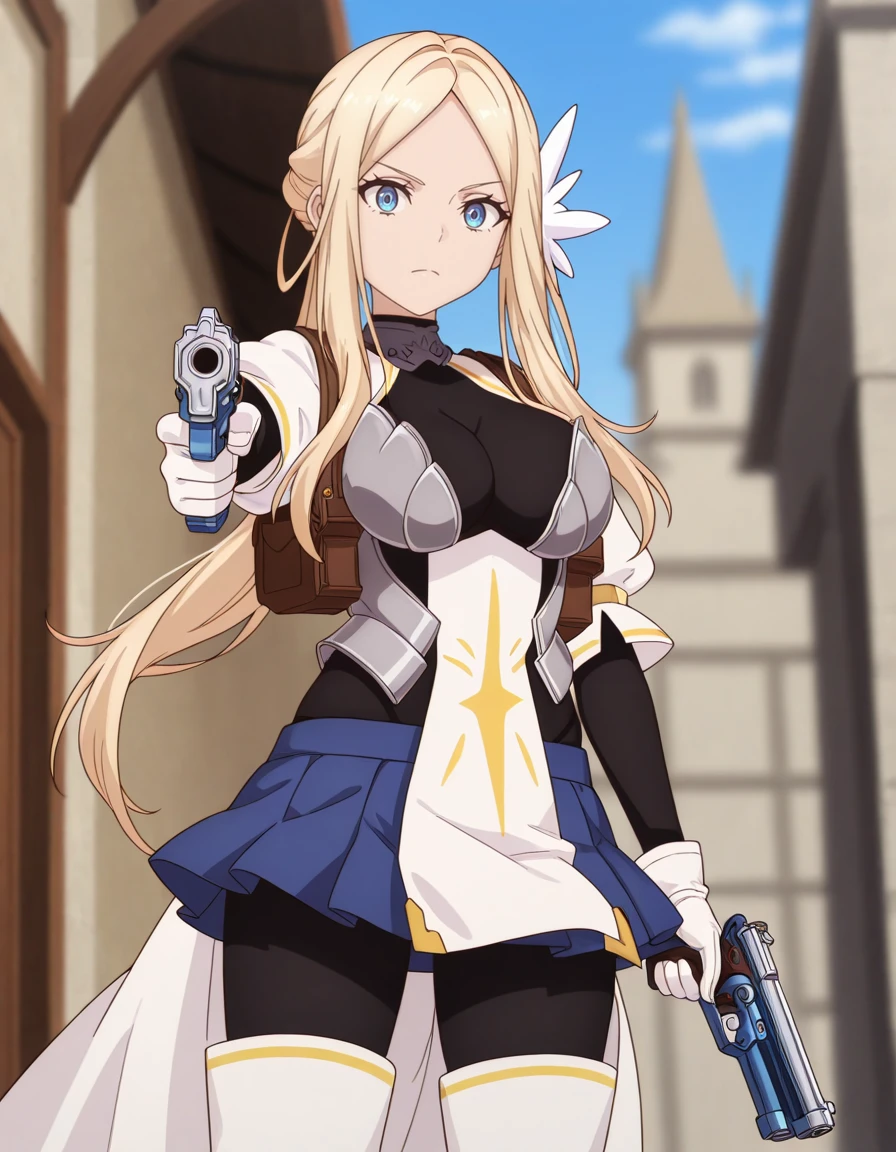 masterpiece, best quality, amazing quality, blurry background,
1girl, looking at viewer, dual wielding, guns, serious expression, pointing at viewer, blue sky,
<lora:krishna-yami_healer_s1-ixl-anime-soralz:1>, krishna (yami healer), long hair, blonde hair, parted bangs, sidelocks, single hair bun, side ponytail, hair ornament, blue eyes,
black bodysuit, white sleeves, puffy sleeves, brown straps, white gloves, breastplate, armor, white cape, blue pleated skirt, black pantyhose, white legwear