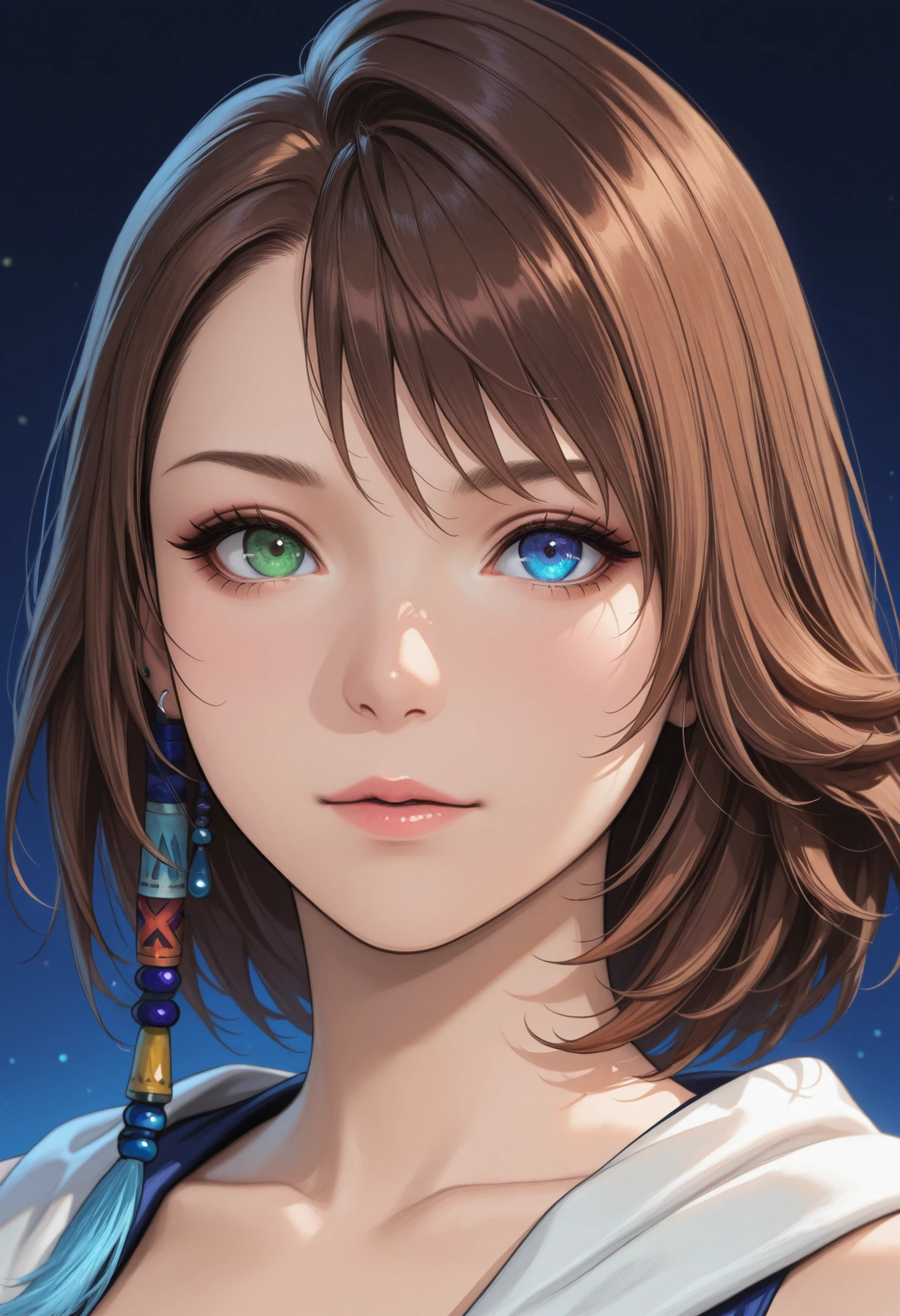 masterpiece, very aesthetic, best quality, absurdres, newest, solo,
<lora:ILFFYuna:1>
FFYuna, 1girl, brown hair, short hair, blue eyes, green eyes, heterochromia, looking at viewer, portrait