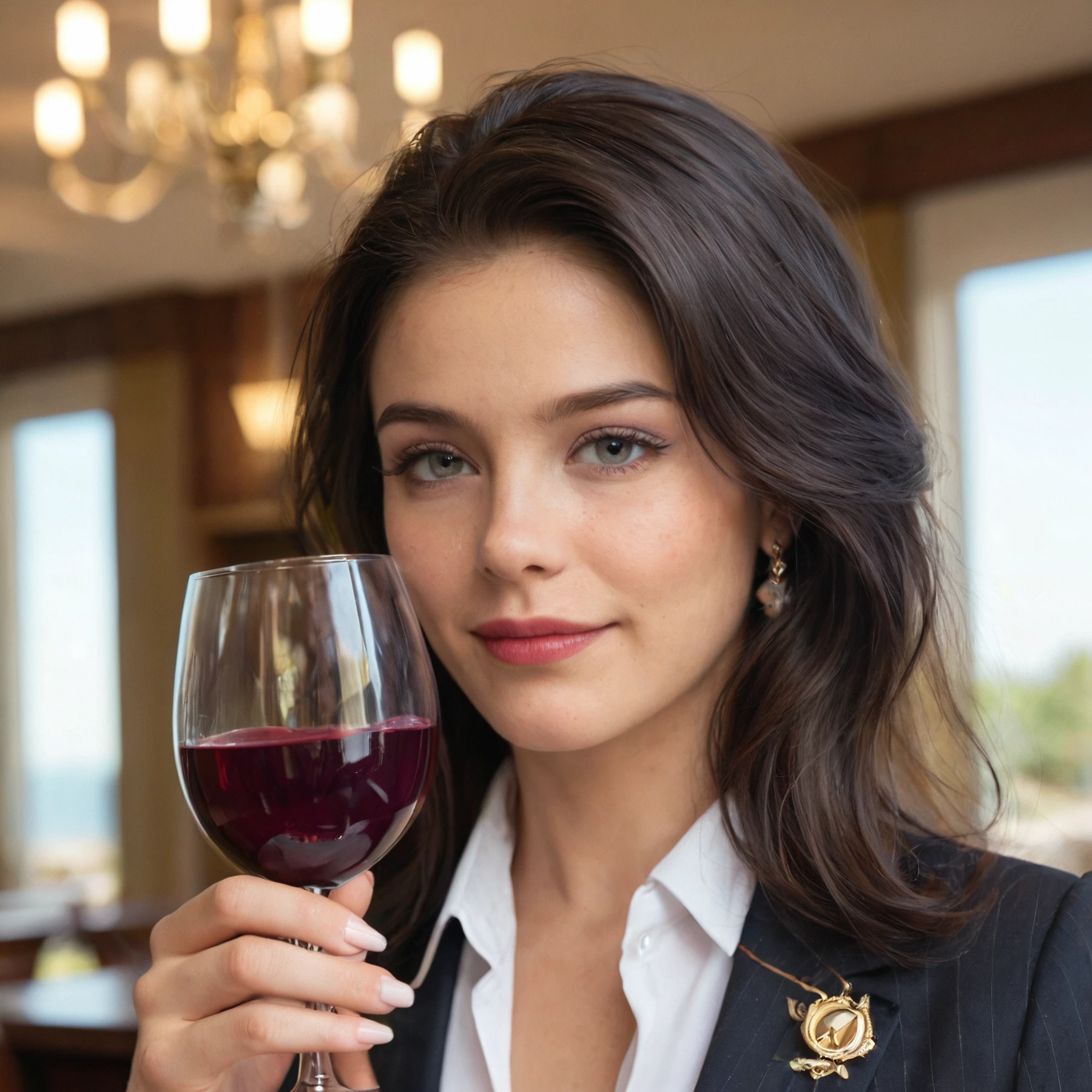 score_9, score_8_up, high quality, detailed, realistic, masterpiece, 1girl, 19yo, elegant top, youthful face, black hair, drinking wine,
