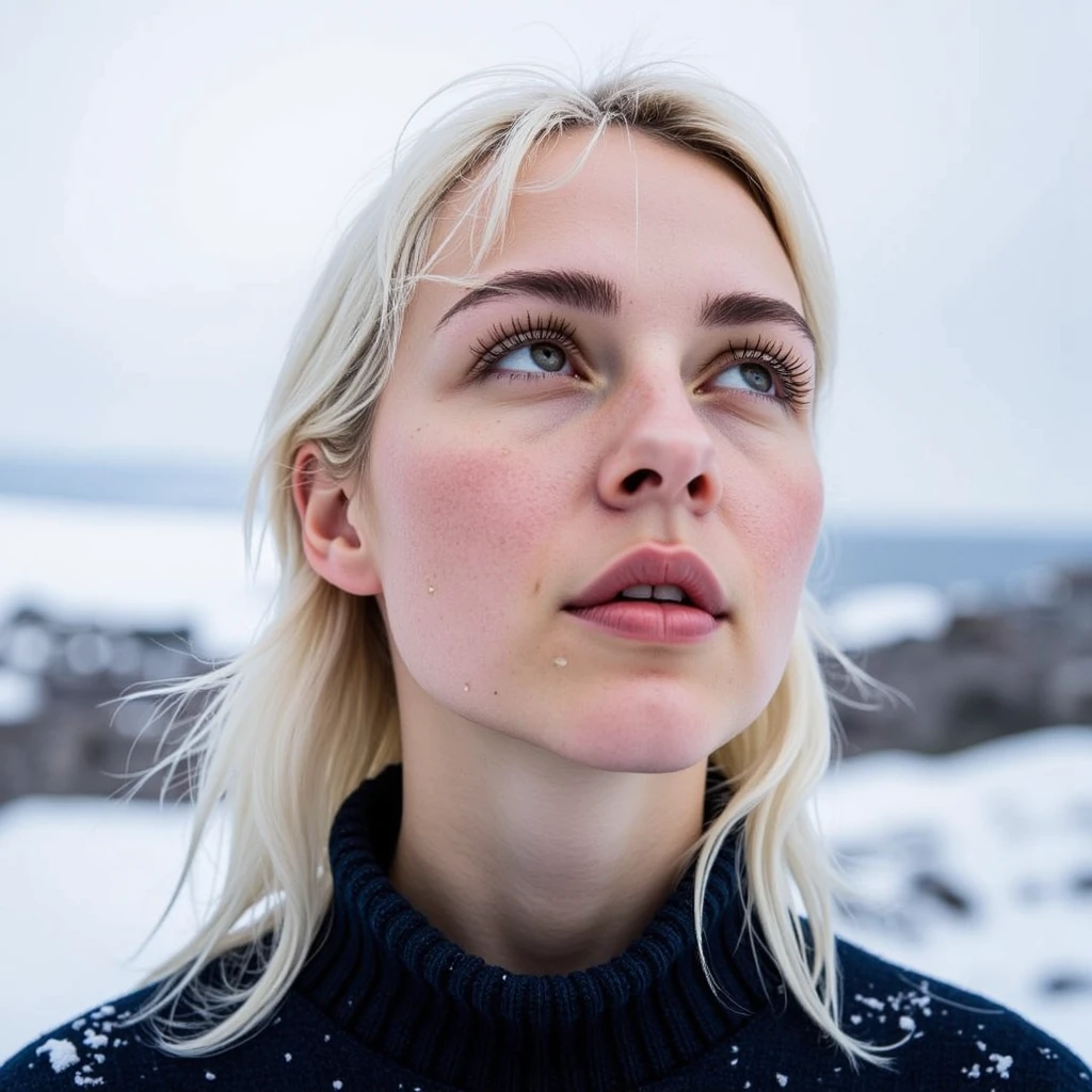 Ultra quality, ultra realistic, ultra detailed skin textures and colors, on a snowy ledge overlooking a remote fjord in Norway, a woman stares upward into a pale, cloud-covered sky, her wind-chapped skin flushed pink with cold. She wears a thick navy wool turtleneck by Acne Studios, with strands of hair frozen at the ends and light snow resting softly on her eyelashes and brows. The close portrait is shot with a Pentax 67 and 165mm LS f/4 lens on Kodak T-Max 400, capturing every icy pore, the gloss of her lips, and the reflected light dancing across her irises. The light is entirely ambient, overcast arctic sky acting as a giant softbox, with a silver bounce angled underneath to slightly open up her jawline. Her face is full of contrastâsoft and sharp, warm and coldâand the final image feels like the quiet edge of survival: peaceful, raw, and pure.
 <lora:Detailed Skin&Textures Flux V3:0.7> dsv4