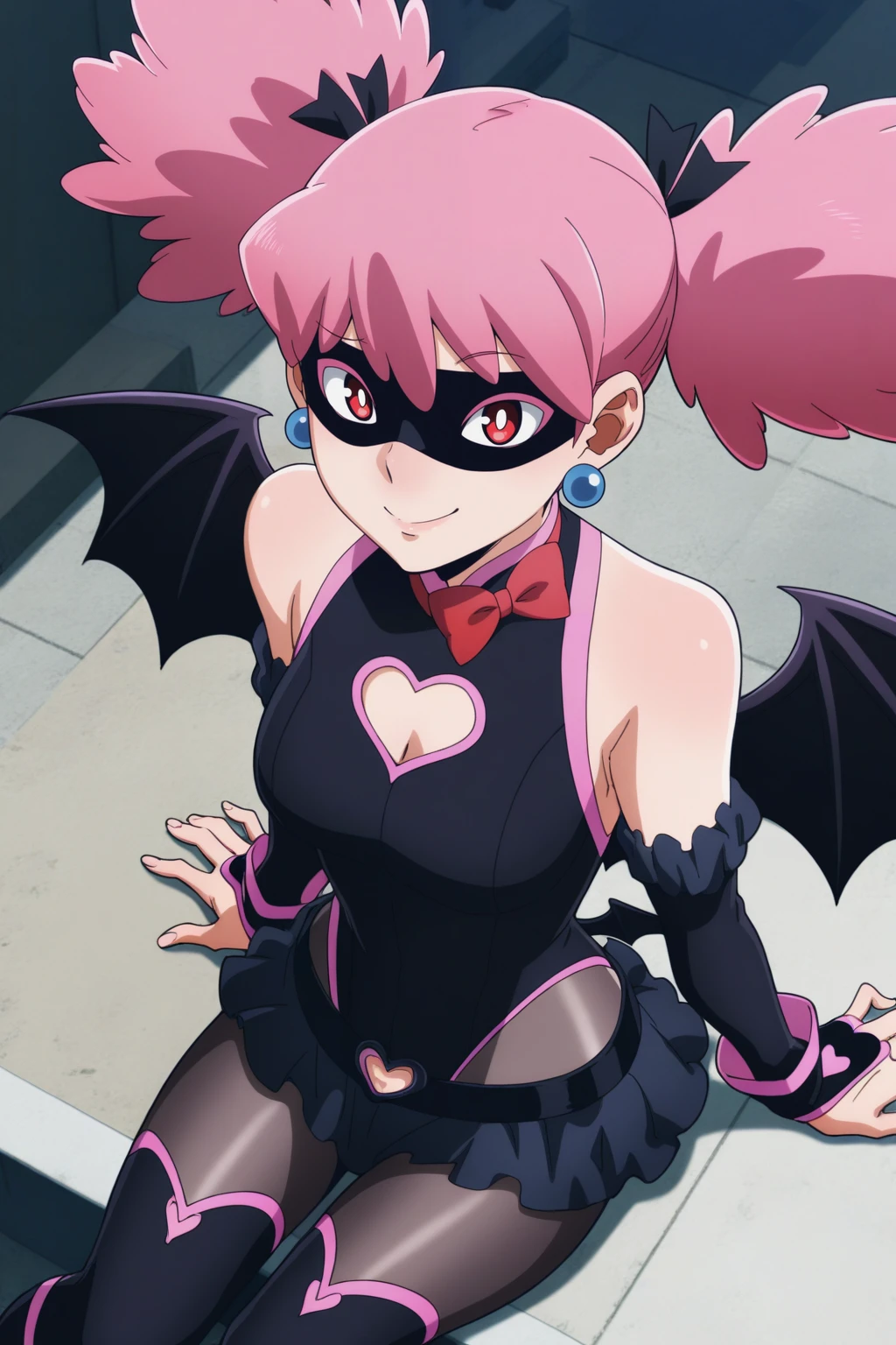 masterpiece, best quality, amazing quality, very aesthetic, absurdres, ultra detailed,
<lora:il_contrast_slider_d1 (Ð¦ÐÐÐ¢ ÐÐÐ Ð¢ÐÐÐÐ):-0.8>
<lora:Kazuho Haneyama:0.8> kazuho_haneyama, 1girl,
two buns of hair, short hair, pink hair, red eyes,
eyes, black blindfold, blue round earrings, red bow on neck, black bat wings, 
black stockings on arms, black stockings on legs, very short skirt, heart cut out on chest, black bodysuit,
portrait, smile,
view from above, body is visible, medium breasts are visible from under the shirt,,