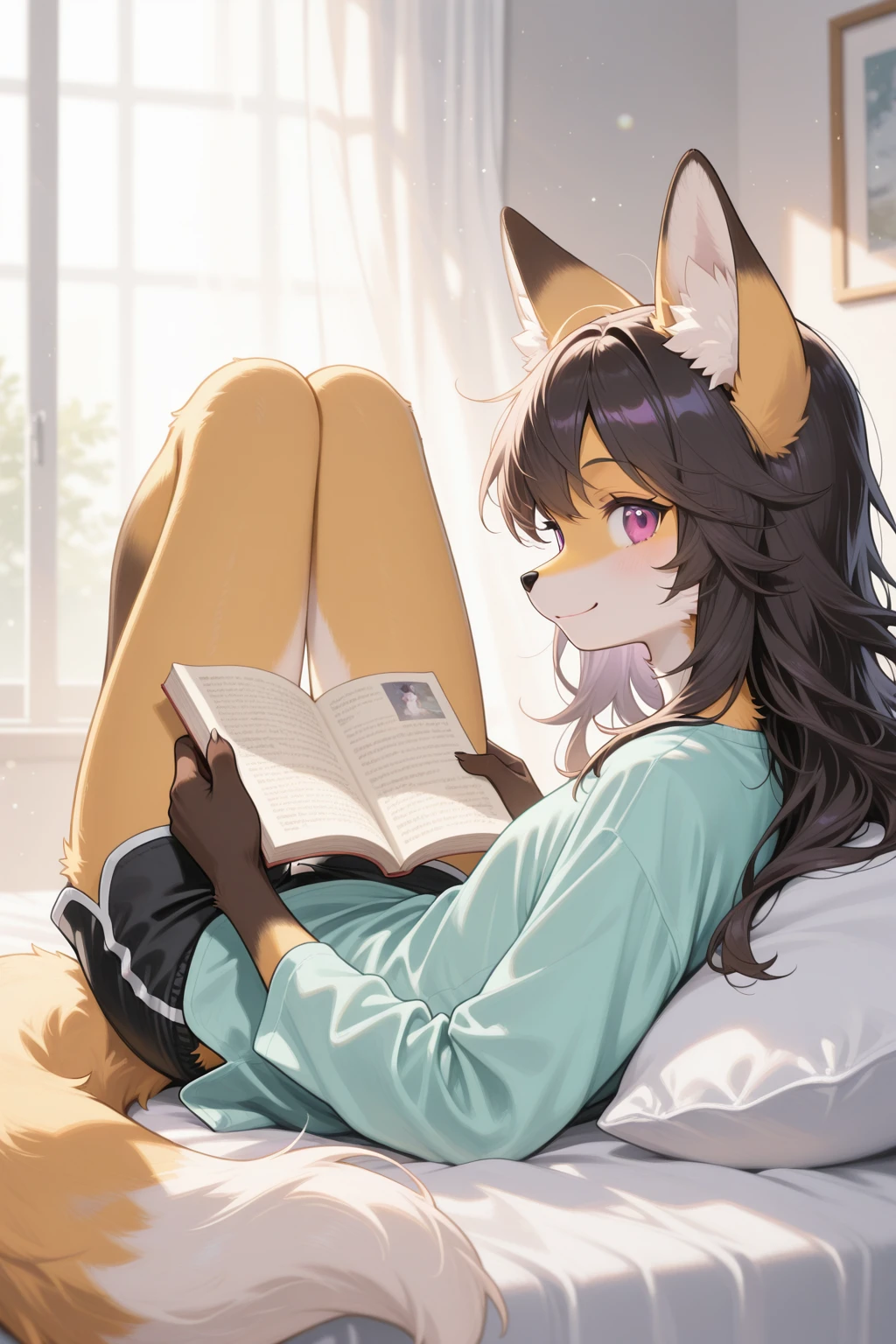 masterpiece, best quality, iridescent_crystaline, 1girl, furry female, window, furry, solo, animal ears, lying, tail, on back, pillow, indoors, black hair, shirt, long hair, holding, knees up, shorts, fox ears, looking at viewer, looking back, fox tail, smile, fox girl, black shorts, curtains, legs together, from behind, green shirt, animal ear fluff, on bed, bed, messy hair, backlighting, holding paper, blue shirt, reading, thighs, short shorts, body fur, paper, closed mouth, legs up, from side, brown hair, white shirt, legs, open book, holding book, book, light particles, sunlight, blurry, purple eyes, day, profile, animal nose, pink eyes, bedroom, brown eyes, aqua shirt, snout, miniskirt, happy, flat chest <lora:Iridescent_crystaline:0.8>