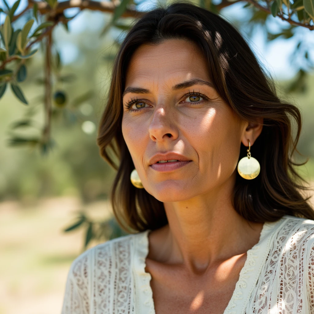 Ultra quality, ultra realistic, ultra detailed skin textures and colors,beneath the partial shadow of an olive tree in rural Andalucia, a woman stares into the lens with serene confidence. Her face is tanned, sun-kissed from days outdoors, with deep marionette lines that catch the side light beautifully. She wears an ivory eyelet lace blouse by SÃ©zane, slightly undone at the neck, with large gold disc earrings catching sunlight as she shifts slightly. Photographed tightly with a Hasselblad 500CM and 120mm Makro-Planar f/4 on Ilford Delta 100 for exquisite tonal rendering and skin grain, this close-up uses dappled sunlight filtered through the leaves above her, broken up by a scrim held over her head to soften any hard lines. The background disappears into blur, but the branches frame her like an old master painting. The image is unflinching, gentle, and timelessâa reverent capture of natural aging and stillness.
 <lora:Detailed Skin&Textures Flux V3:0.6> dsv4