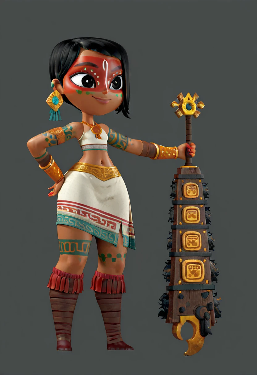 masterpiece, best quality, 1girl, solo, eyelashes, (beautiful eyes), zzMaya, smile, skirt, simple background, navel, holding, jewelry, standing, weapon, earrings, barefoot, midriff, sword, grey background, necklace, holding weapon, black eyes, hand on hip, tattoo, makeup, bracer, facepaint, bodypaint ,<lora:MayaAndTheThreeIXL:1.0>,