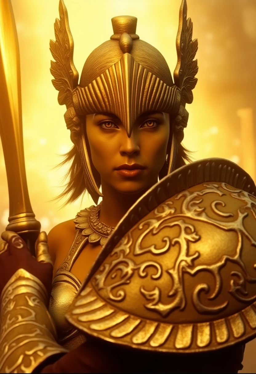 This image is a detailed, highly realistic CGI rendering of a female g01d3n5a1nt warrior, depicted in a semi-frontal pose. The warrior is a woman with a yellow skin tone, adorned with elaborate, ornate armor. She wears a helmet adorned with intricate, leaf-like patterns and a feathered crest, which casts a golden hue under the warm, golden sunlight.