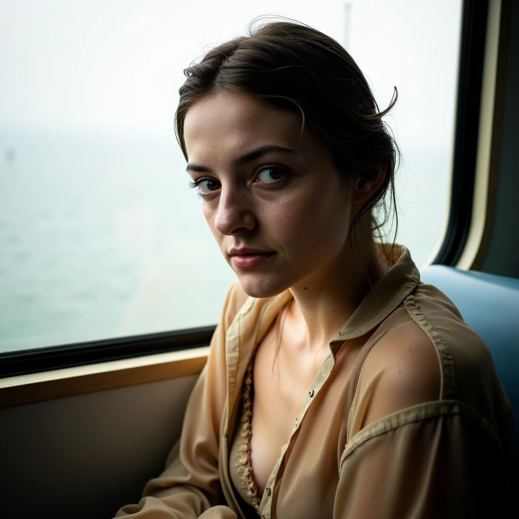 Ultra quality, ultra realistic, ultra detailed skin textures and colors, Inside a small coastal train station in Sicily, a young woman sits near a fogged-up window, wearing a sheer sand-colored silk blouse over a structured beige bralette, the fabric catching the dull light like mist. Her skin glows against the pale glass, with tight focus on her full lips, damp hair stuck to her temple, and the delicate skin under her eyesâsoft purple and golden undertones visible in extreme detail. Shot half-head on a Leica M6 with a Summilux 50mm f/1.4 lens and Cinestill 800T, the lighting comes from a mix of natural overcast daylight and the green cast of a flickering overhead fluorescent, corrected slightly in-camera with a warming gel on the lens filter. A handheld silver bounce adds minimal reflection to her cheekbone, just enough to create form. The portrait feels like a film still: cinematic, moody, and painfully human.
 <lora:Detailed Skin&Textures Flux V3:0.5> dsv4