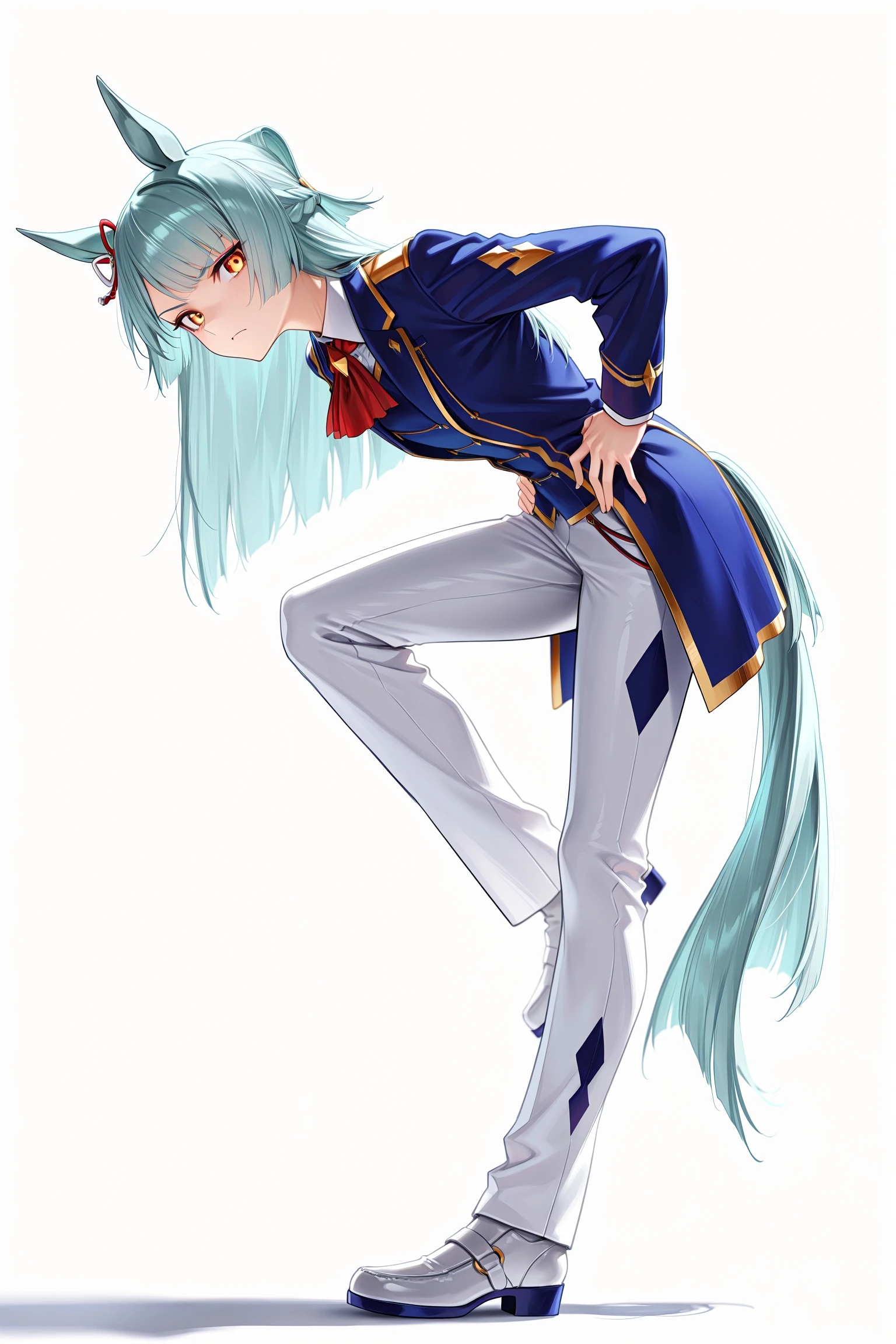 1girl, solo, fujimasa march \(umamusume\), horse girl, horse tail,
blue jacket, red ascot, white pants, tight pants,
frown,
knee up, hands on own hips, standing, leaning forward,
(white background:1.2),
full body, looking at viewer, straight-on, <lora:fujimasamarchillv2:1>, from side, looking to the side,, masterpiece, best quality, amazing quality, very aesthetic, absurdres, highres, newest,<lora:xl_saturation_slider:0.1> <lora:add-detail-xl:1> <lora:illustriousXLv01_stabilizer_v1.121:0.4> <lora:reduce_wrinkles_illstriouosv0.1_ADDifT_2_in_1_v1.2:0.9>