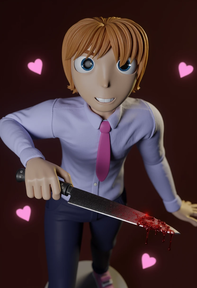 This is a 3D rendered artwork of a man called SenpaiCA2021. He is looking into the camera with wide eyes and an evil smile. He is holding a knife in his hand. The knife is covered in blood. little hearts sorround him. from above, full-length portrait,
((beautiful wallpaper, high detail, incredibly high quality 3D render)),
very detailed, Cinematic lighting, with volumetric rays and bloom effect, dramatic lighting, photorealistic digital art trending on Artstation 8k HD high definition detailed realistic