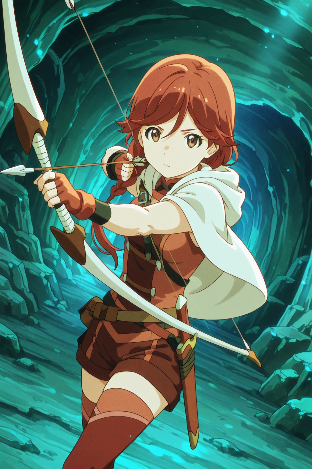 anime screenshot,watercolor,best quality,extremely detailed cg unity 8k wallpaper,ray tracing, cinematic lighting,dynamic pose,dutch angle,cave,standing,drawing_bow,arrow,quiver,scabbard,yume5,white_cape,red_thighhighs, fingerless_gloves, red_hair,single_braid,brown_eyes,,<lora:yume_ill:0.9>