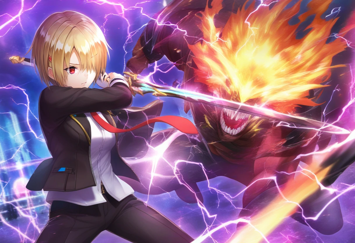 <lora:Ruka_IL_XL_V1:1>1girl, 1monster, fighting to monster, ruka, blonde hair, short hair, hair over one eye, black suit, black jacket, open jacket, black pants, white shirt, red tie, holding sword, lightning from sword