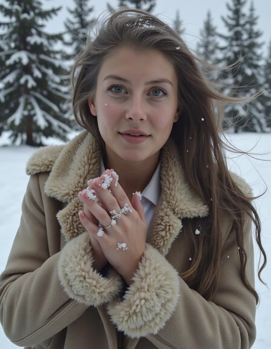 - A woman standing motionless in a snowstorm, her face serene as snowflakes settle on her eyelashes. She wraps herself tightly in a thick fur coat, her breath visible in the icy air. <lora:miriamhamberg:1>,<lora:a_Turbo-Alpha:1>,