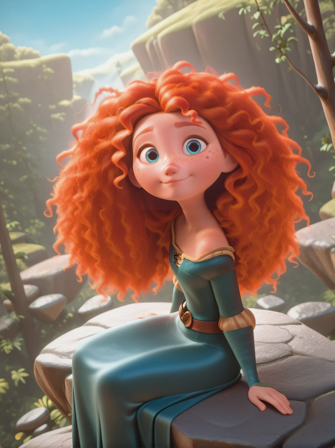 highres, hi res, best quality, masterpiece,
1girl, (MeridaXL:1), red hair, blue eyes, curly hair, big hair, freckles, green dress, long sleeves, belt,
light smile, dutch angle, sitting on tree, rocks, from side, from above, head tilt, cute pose, looking at viewer, outdoors, blue sky, daylight, portrait, magic forest,
<lora:MeridaBraveXLV2_Character:0.75>,, <lora:DisneyStudios_style-12IL:1>, DisneyStudioXL,,, cartoon, cinematic,,3d,