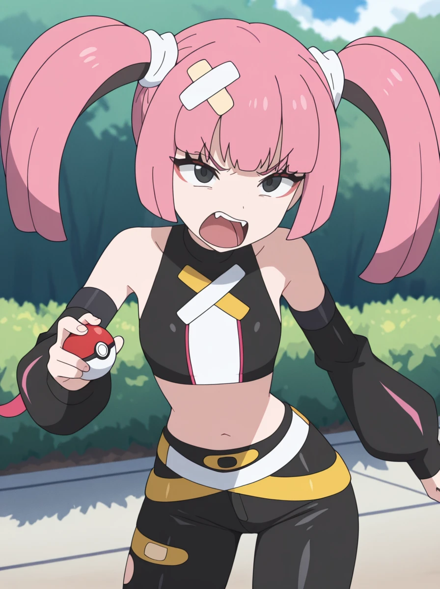 masterpiece, best quality, amazing quality, very aesthetic, absurdres, newest, outdoors 
<lora:SangoMegaVoltage:0.7>sangomegavoltage, 1girl, bandaid on head, pink hair, solo, twintails, bangs, black eyes, fang,  detached sleeves, crop top, bare shoulders ,   torn pants open mouth,  angry upper teeth only, holding poke ball,  standing,