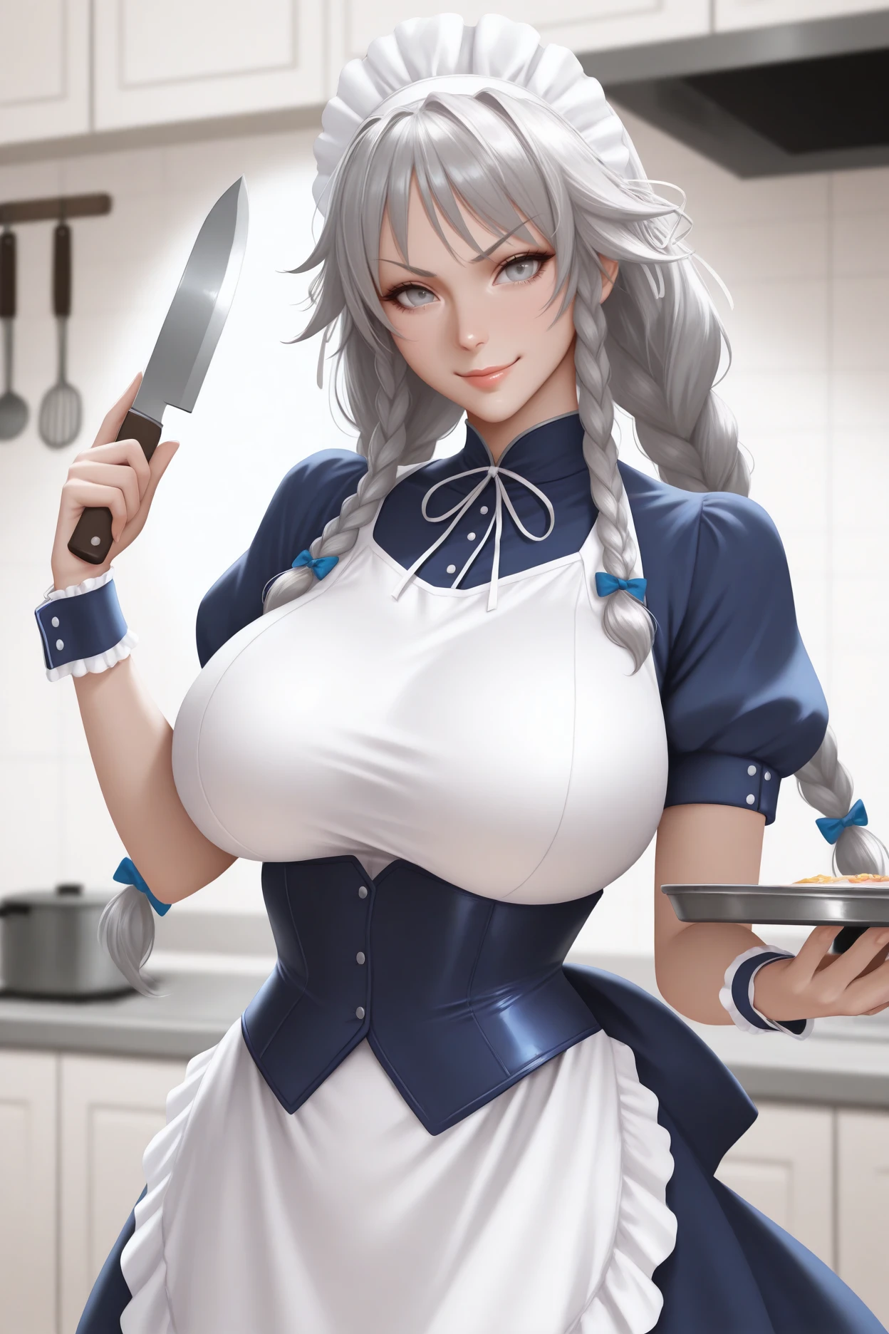masterpiece, best quality, 1girl, solo, <lora:grayfialucifuge-illu-nvwls-v1-000006:1> gflcfg, grey hair, twin braids, long hair, grey eyes, big breasts, white headdress, hair bow, dark blue dress, neck ribbon, white shirt, dark blue corset, puffy short sleeves, white apron, wrist cuffs, realistic, holding tray, holding kitchen knife, smile, looking at viewer, v-shaped eyebrows, kitchen