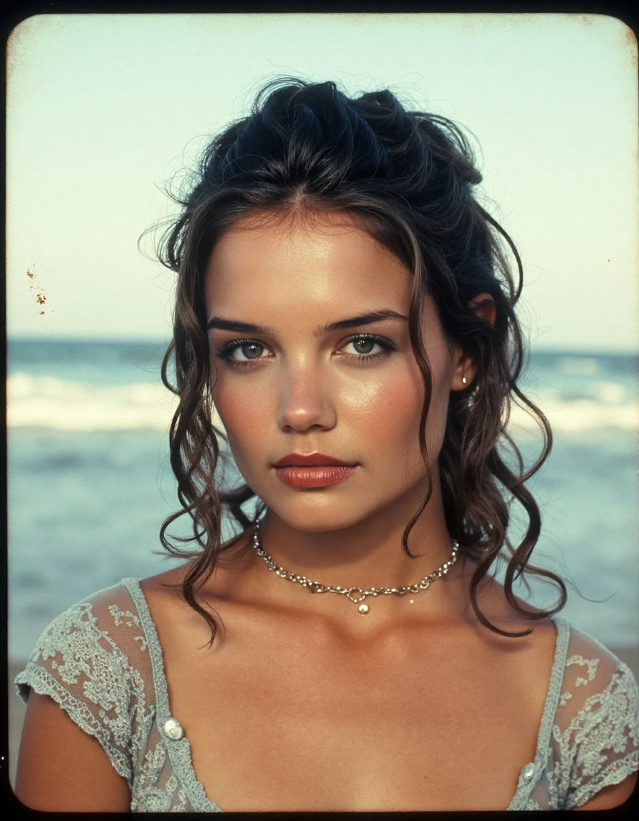 <lora:Katie_Holmes_Ca1999:1> woman Film Still Print, A Faded Film, Desaturated, 35mm Photo With A Grainy Texture, Vignette, And Vintage Aesthetic, Reminiscent Of Kodachrome Or Lomography. The Image Is Stained, Highly Detailed, And Resembles Found Footage. Water Stains And Wrinkles And A Rip. Pixie cut hairstyle, Beach waves hairstyle, Sleek bob hairstyle, High ponytail hairstyle, Braided crown hairstyle, Voluminous curls hairstyle, Half-up half-down hairstyle, Chignon hairstyle, Layered hairstyle, Fishtail braid hairstyle, Shag hairstyle, Pixie bob hairstyle, Waterfall braid hairstyle, <lora:zz_s_Chest_Size_Slider:-2> buttoned up top, Big Smile