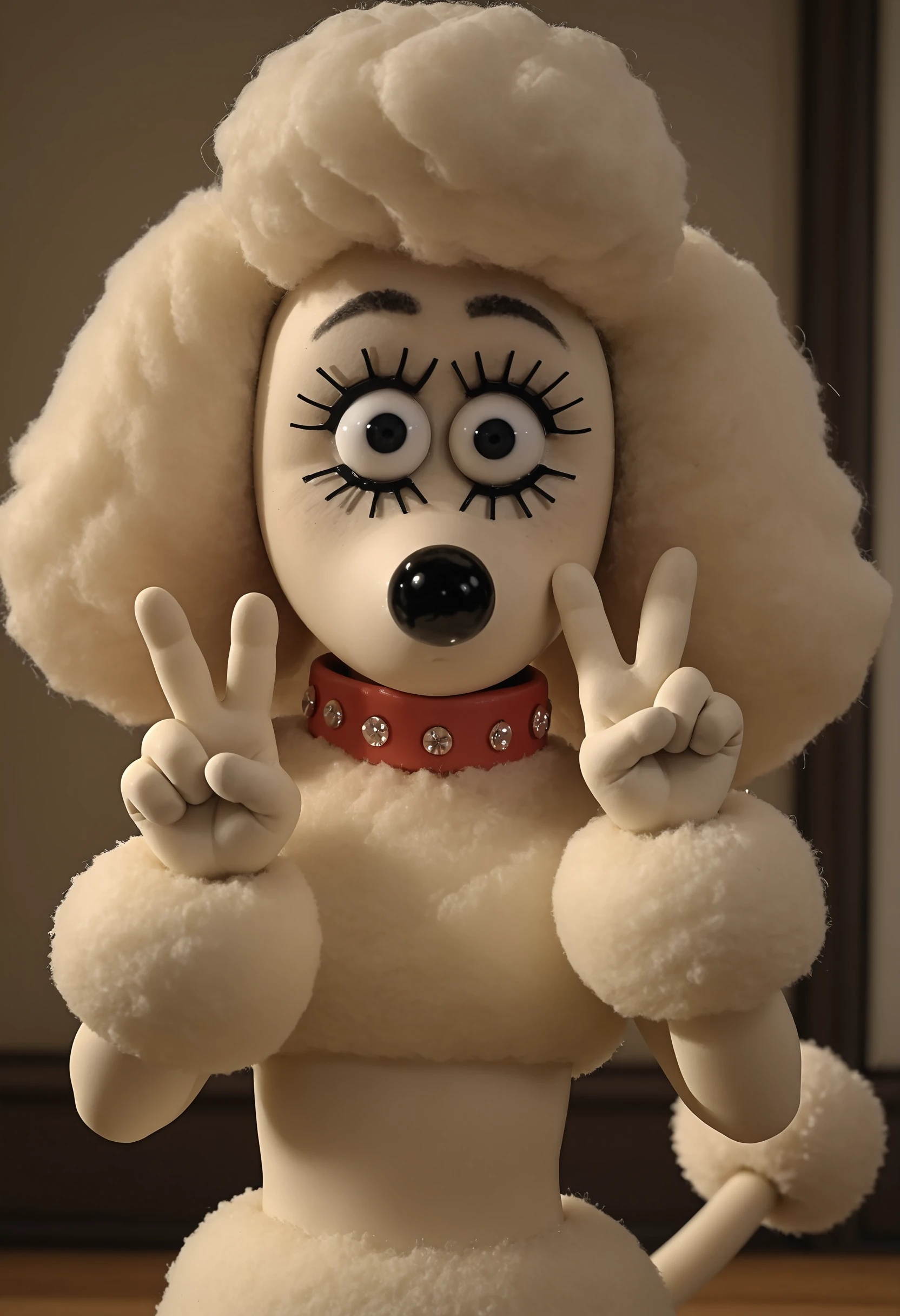 masterpiece, best quality, amazing quality, very aesthetic, absurdres, newest, <lora:FlufflesILf:1> fl3ilf, eyelashes, black eyes, collar, tail, looking at viewer, furry, upper body, v,