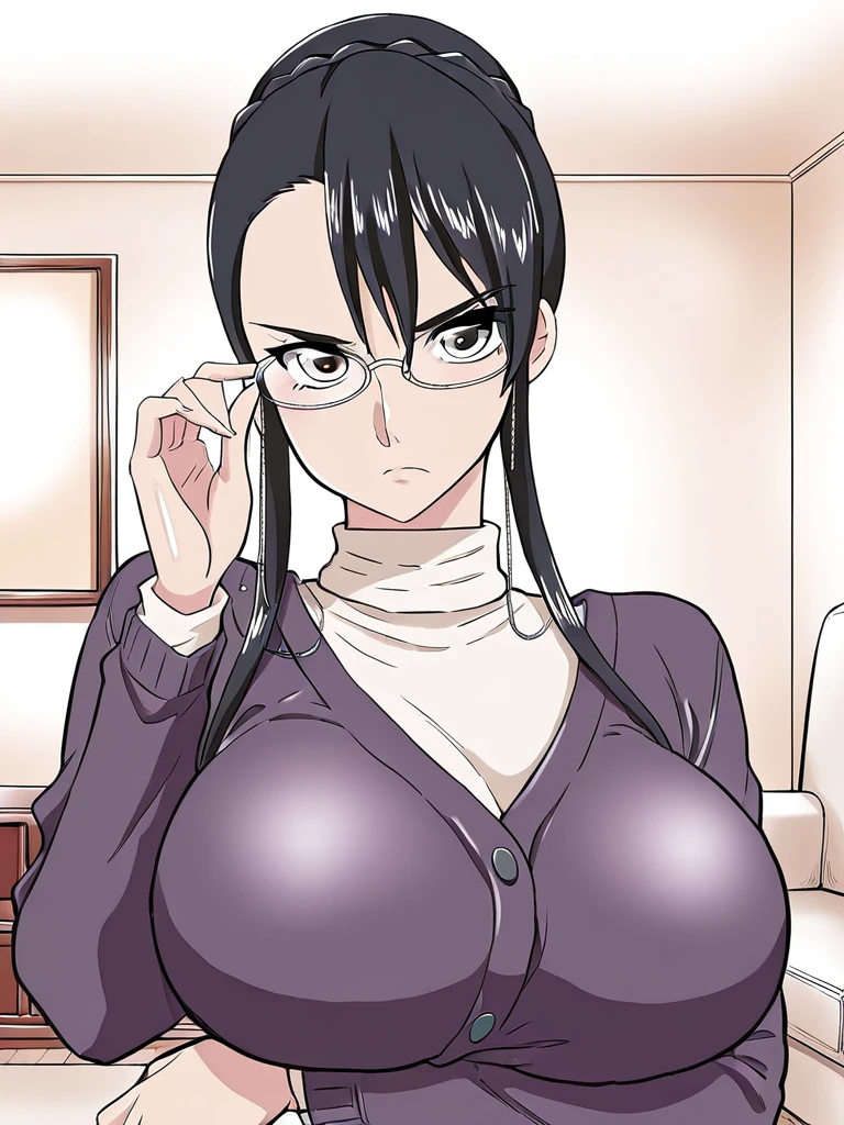 woman, short pixie black hair, blue ringed eyes, pink shirt, black corset, black pants, Doflamingo, Rosinante