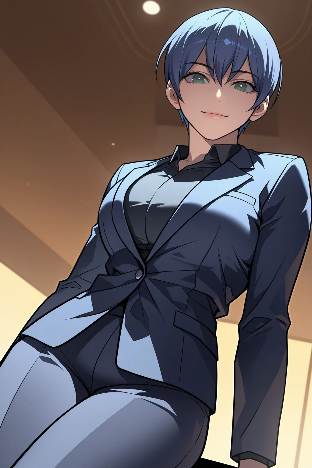 masterpiece, good quality, best quality, very awa, very as2, absurdres, highres
<lora:Yoo Ah-yeongilluLora:oAhyeong, short hair, blue hair, bangs, hair between eyes, green eyes, black collared shirt, blazer, pants, smile, office