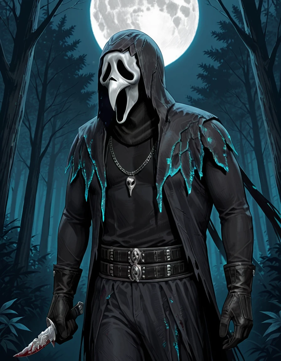 <lora:Ghost_Face_Nevermore_Skin_Dead_by_DaylightIIIustrious:0.8>mask, belt, moon, necklace, gloves, tree, jewelry, hood, coat, solo, 1knife, 1boy, black gloves, full moon, ghost face, forest