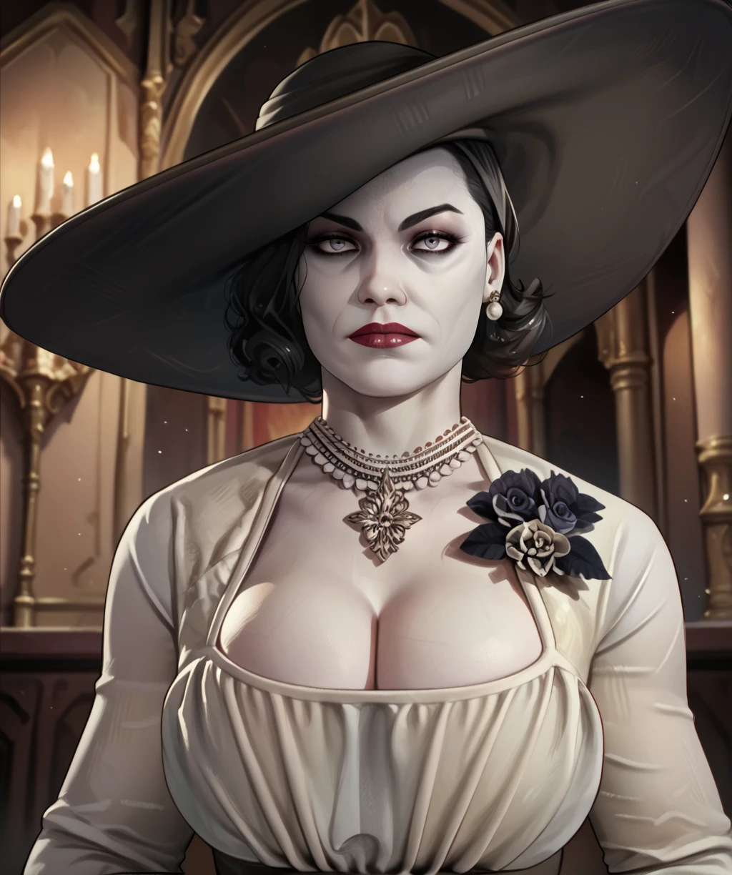 score_9, score_8_up, score_7_up, score_6_up, score_5_up, score_4_up,
alcinaxl, grey eyes, black hair, hat,
white dress, single earring, black brooch, necklace, cleavage,
looking at viewer, solo,
dark castle, shadows, evening,
<lora:AlcinaDimitrescuxl-12v6:1>,