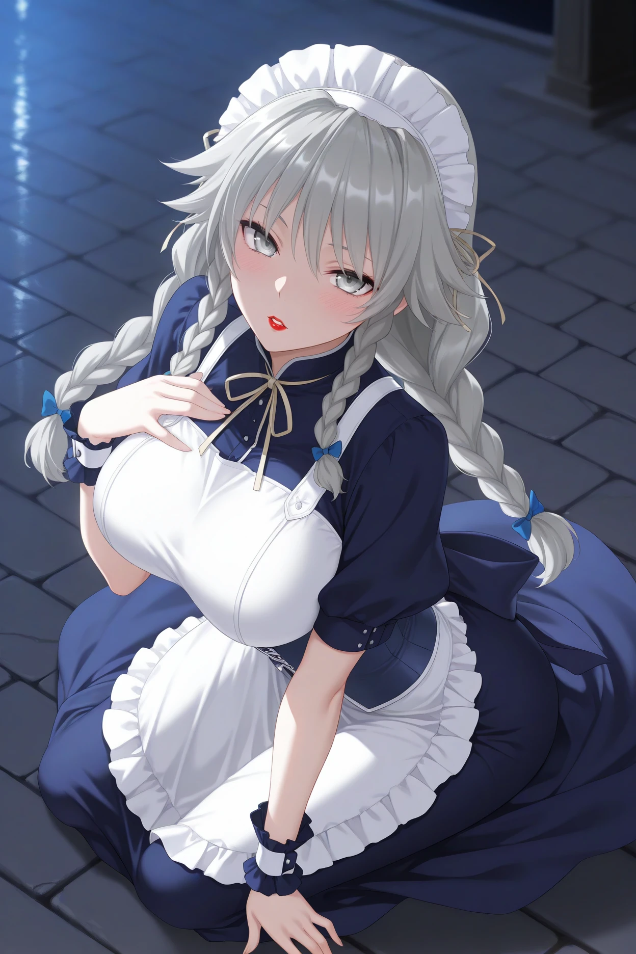 masterpiece, best quality, 1girl, solo, <lora:grayfialucifuge-illu-nvwls-v1-000006:1> gflcfg, grey hair, twin braids, long hair, grey eyes, lipstick, big breasts, white headdress, hair bow, dark blue dress, neck ribbon, white shirt, dark blue corset, puffy short sleeves, white apron, wrist cuffs, full body, yokozuwari, looking at viewer, from above, parted lips, hand on own chest, blush, night, stone floor