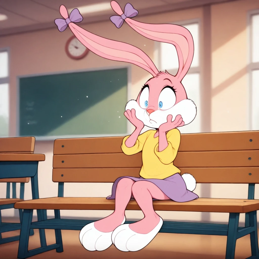 <lora:BabsBunnyOr9_YM:0.7>, solo, Babs, cub, bunny, girl, blue eyes, pink nose, pink body, pink head, pink ears, pink legs, white cheeks, white feet, white tail, erect ears, yellow T-shirt, purple skirt, purple bows on the ears, mouth closed, shocked, hand on cheek, sitting on a bench, in the school cafeteria
BREAK, masterpiece, best quality, high quality, particles effect, [:by Desubox:0.15], [:by Anchee, by Snowskau:0.55], detailed background, detailed foreground, depth of field, backlighting