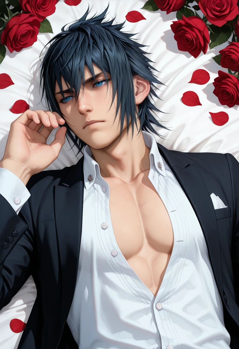 masterpiece, very aesthetic, best quality, absurdres, newest, solo,
<lora:ILFFNoctis:1>
FFNoctis, 1boy, black hair, short hair, blue eyes, red flower, male focus, red rose, lying, white shirt, on back, long sleeves, rose petals, partially unbuttoned, black jacket, upper body, formal, open collar, black suit, bishounen, hand up, closed mouth, open clothes, open shirt, holding, unbuttoned shirt