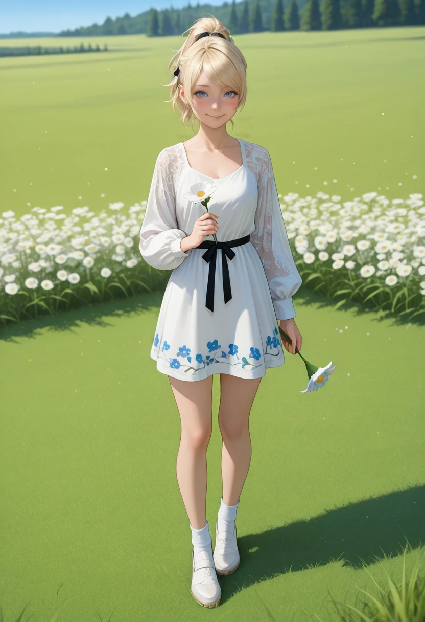 masterpiece, very aesthetic, best quality, absurdres, newest, solo,
<lora:ILFFLuna:1>
FFLuna, 1girl, blonde hair, ponytail, blue eyes, looking at viewer, white dress, holding flower, puffy long sleeves, white flower, standing, smile, blush, full body, closed mouth,white socks, bare legs, floral print, outdoors, grass, shoes, black ribbon, white footwear