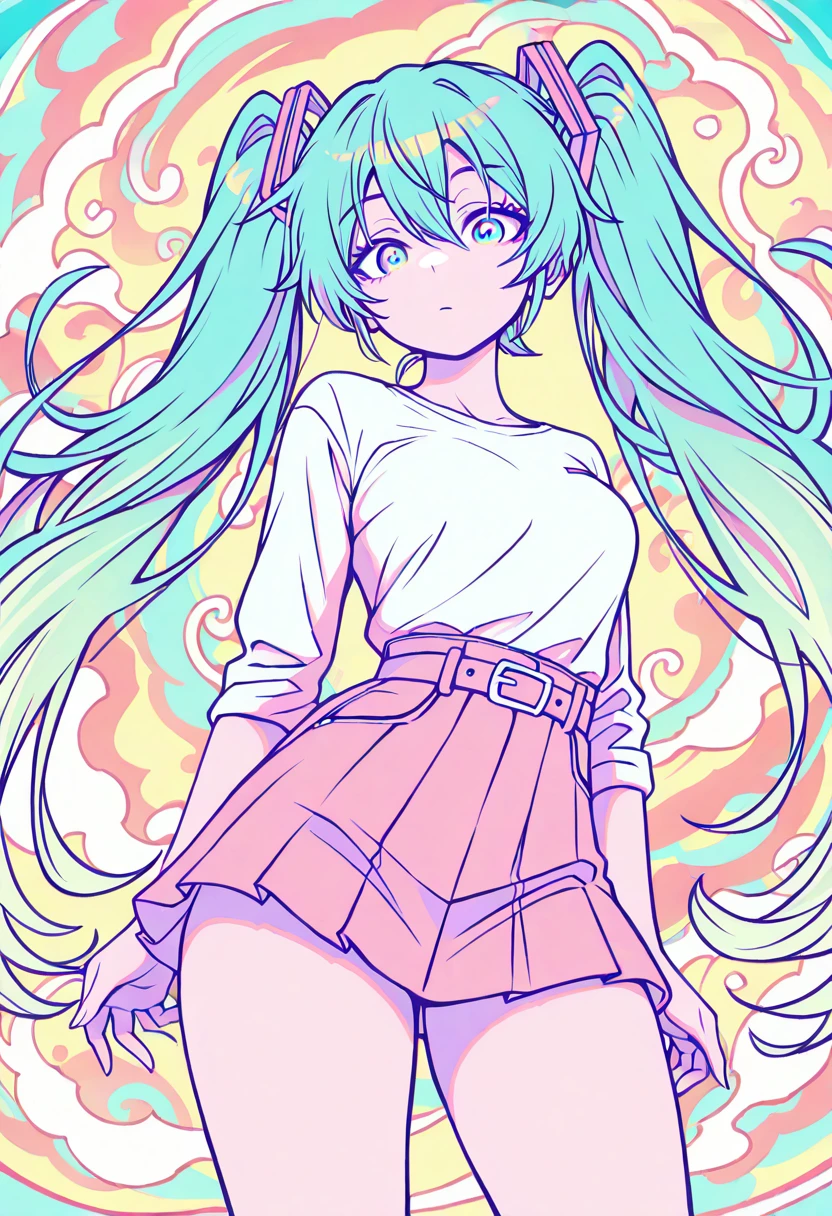 masterpiece, best quality, amazing quality,1girl, solo, cowboy shot, high-low angle, hatsune miku, <lora:Artist_Kanchiyo_Pastel_Bloom_Illustrious:0.6> KCYPastelBloom, psychedelic background, vibrant colors, pastel tones, bold lineart, flat shading, colorful swirl background, vaporwave influence, pop art aesthetic, dynamic pose, masterpiece, best quality, amazing quality, very aesthetic, absurdres,