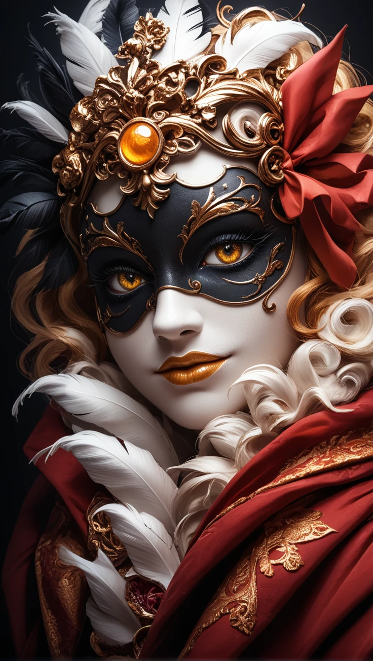 score 9, score 8 up, score 7 up,
Close-up portrait of an enigmatic woman in an ornate baroque masquerade mask, white-painted face with intricate swirling gold and black filigree patterns, fiery amber eyes glowing beneath the mask. Her hair is voluminous and black with sculpted waves, decorated with tiny black blossoms and golden accents. She wears a regal high-collar dress with layered velvet, feathers, and lace, a crimson ribbon entwined around her neck. The lighting is moody and cinematic, casting sharp highlights on her face and mask, with soft golden bokeh in the background. Surreal atmosphere, gothic elegance, ultra-detailed textures, fantasy portrait, dramatic contrast, rococo gothic fusion,
<lora:Masquerade__Symbolism:1> neobaroquemasquerade