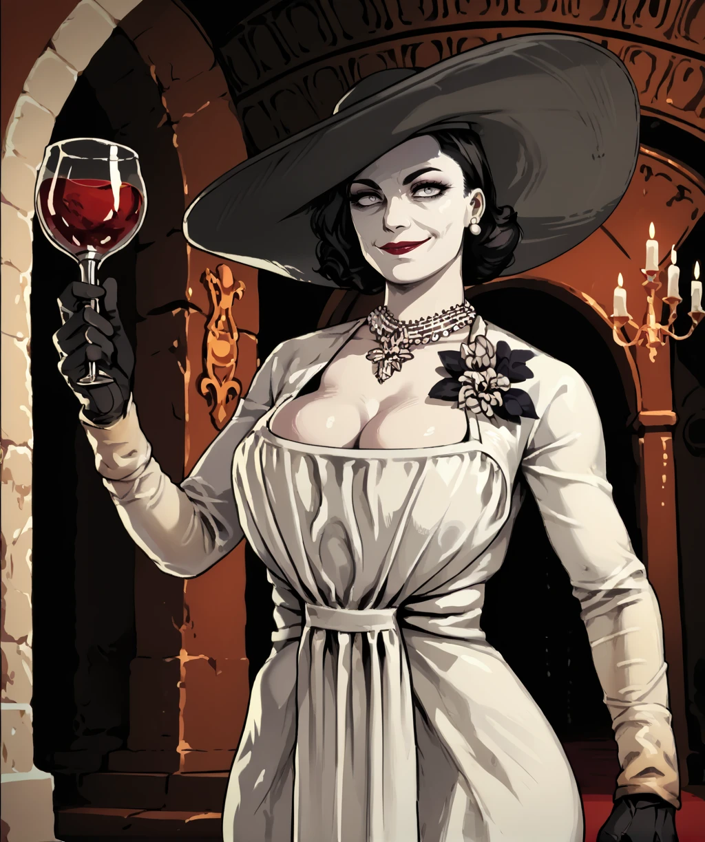 score_9, score_8_up, score_7_up, score_6_up, score_5_up, score_4_up,
alcinaxl, grey eyes, black hair, hat,
white dress, single earring, black brooch, necklace, gloves, light smile,
cleavage, hips,
solo, holding blood cup,
dark castle, shadows, evening, indoors,
<lora:AlcinaDimitrescuxl-12v6:0.9>,