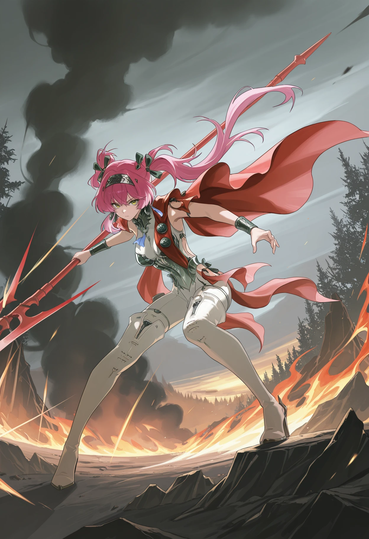 <lora:Lupa v1.0-illustrious-000032:1>,Lupa \(wuthering waves\),solo,breasts,looking at viewer,twintails,hairband,boots,thigh boots,high heels,jewelry,leotard,red cape,medium breasts,thighhighs,earrings,standing,fighting stance,polearm,polearm behind back,holding,hair ornament,
wind-swept hair,dynamic movement,intense wind,flowing strands,dramatic motion,wild hair,strong gusts,energetic,action pose,
desolate landscape,melancholic beauty,soft muted colors,overcast sky,barren trees,gentle fog,haunting atmosphere,serene sadness,cinematic,emotional,ethereal,quiet solitude,subtle lighting,poetic,somber,breathtaking,tranquil yet sorrowful,
from behind,full body,leaning_forward,facing_away,fire,smog,black smoke,from_back