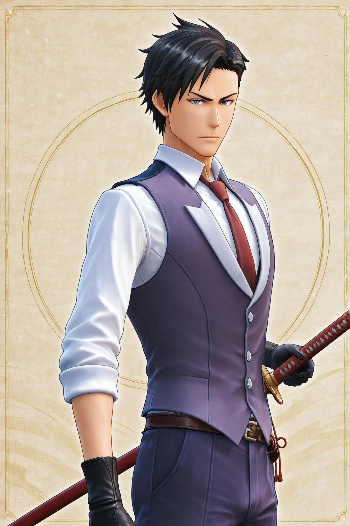 Game CG Style,Seijuro Kamiyama,1boy,male focus,solo,black hair,gloves,weapon,sword,necktie,black gloves,sheath,sheathed,pants,katana,shirt,black eyes,vest,looking at viewer,standing,white shirt,upper body,
<lora:New Sakura Wars_illustriousXL:1>,